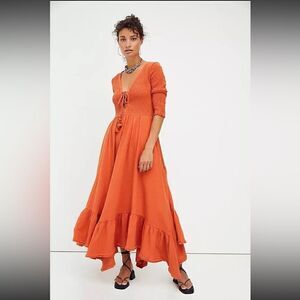 NEW FREE PEOPLE ENDLESS SUMMER PERFECT SOLUTION SMOCKED LACE UP MAXI DRESS